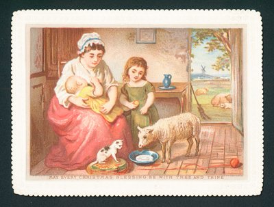 Lamb drinking milk in kitchen by English School