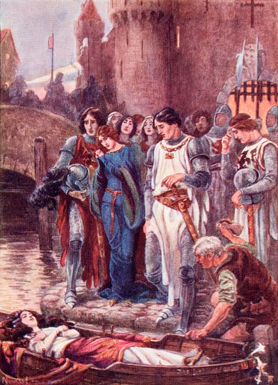 Lancelot Looks at the Dead Lady of Shalott on Her Arrival at Camelot (detail) by English School