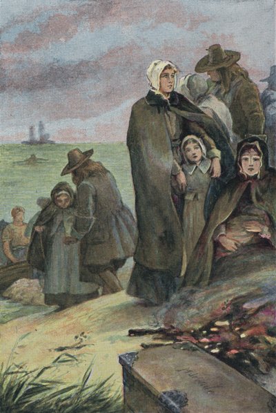Landing of the Pilgrim Fathers in America after their voyage on board the Mayflower, 1620 by English School