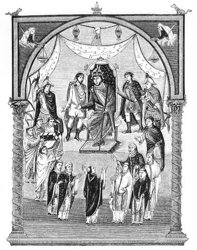 Charles the Bald, King of France (823-77) Enthroned, Commissioned by Abbot Vivian from the Monastery of St. Martin at Tours, from the First Bible of Charles the Bald, 843-51, Illustration by English School