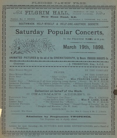 Leaflet Advertising the Saturday Popular Concerts at the Pilgrim Hall by English School