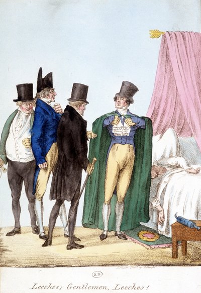 Leeches, Gentlemen, leeches: English humorous drawing on a doctor sure of himself, with a sick ill by English School