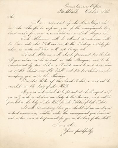 Letter Detailing Arrangements for a Banquet at the Guildhall, London, on 9 November 1868 by English School