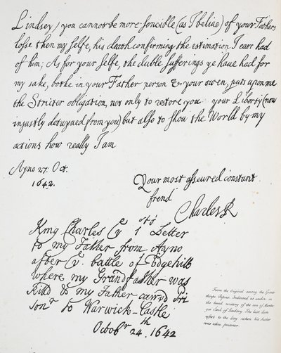 Letter from Charles II to Montague, Earl of Lindsey, 27th October 1642 by English School