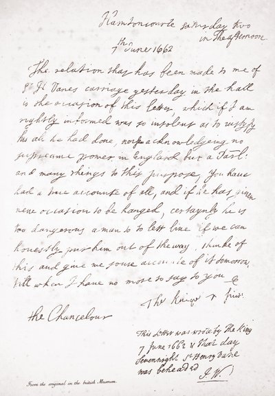 Letter from Charles II to the Chancellor Lord Clarendon, 7th June 1662 by English School