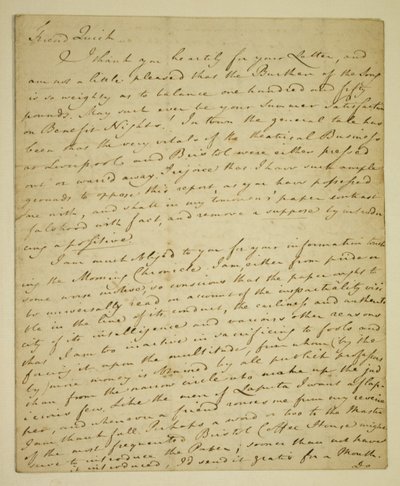 Letter from William Woodfall to the actor John Quick regarding John Henderson