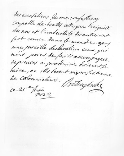 Letter sent by Lord Bolingbroke to the Abbé Alari by English School