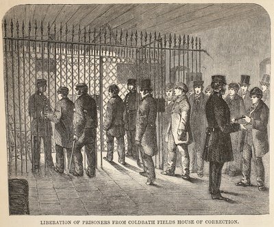 Liberation of prisoners from Coldbath Fields House of Correction, illustration from The Criminal Prisons of London and Scenes from Prison Life by Henry Mayhew and John Binny, pub. 1862 by English School