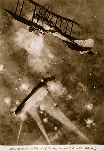 Lieut. Brandon Attacking One of the Zeppelin Raiders on March 31st, 1916, 1914-19 by English School