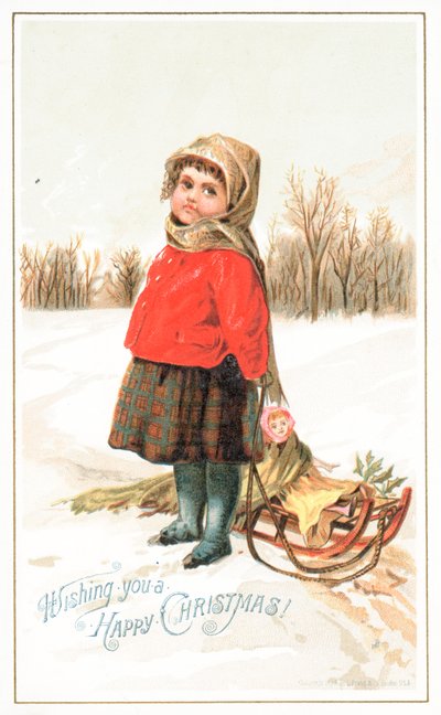 Little Girl standing by a sledge by English School