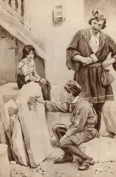 Little Michael Angelo draws a portrait (colour litho) by English School