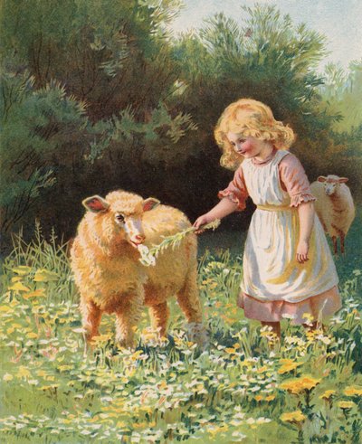 Little Girl Feeding a Flower to a Sheep in a Meadow by English School