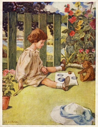 Little Girl Playing at Having Tea in the Garden with Her Teddy Bear by English School