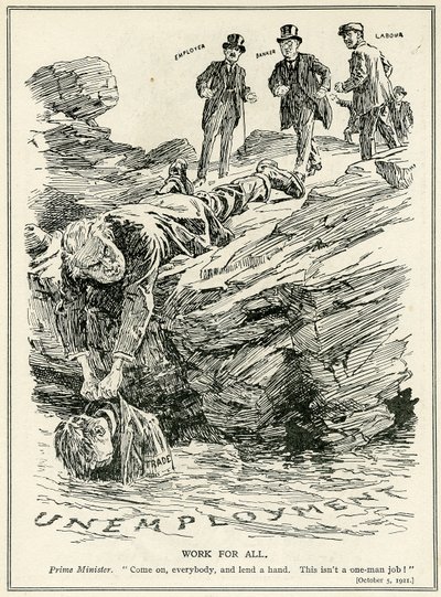 Lloyd George telling employers, bankers and labour to cooperate to defeat unemployment, 1921 by English School