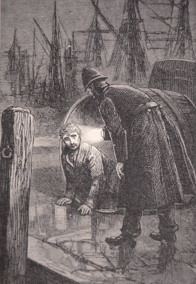 London policeman on patrol in the docks finds homeless man living in empty barrel by English School