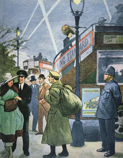 London street scene in WWI, soldier on leave, c.1914-18 by English School
