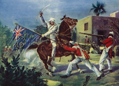Lord Roberts fighting two sepoys over the British standard at Khudaganj, for which he was awarded the Victoria Cross during the Indian Mutiny by English School