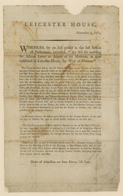 Lottery for Disposal of Sir Ashton Lever