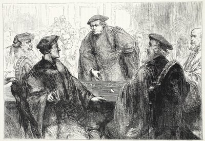 Luther and Zwingle discussing at Marburg by English School