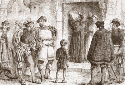Luther nailing his Theses to the door of the Schloss-Kirk at Wittemberg by English School