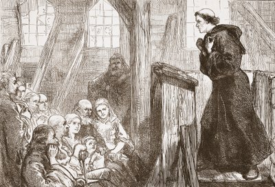 Luther preaching in the old wooden church at Wittemberg by English School