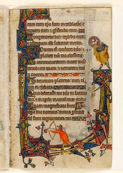 An Archer and St. John the Baptist, Marginal Decoration from the Macclesfield Psalter, Use of Sarum, East Anglia (c.1330) by English School