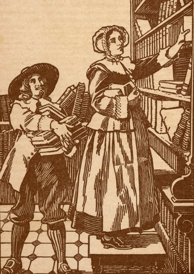 Male and female booksellers working in a 17th century bookshop by English School