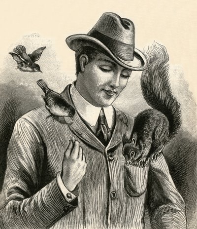 Man Feeding a Squirrel and Birds by English School