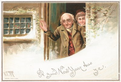 Man and girl looking out of front door at snow by English School