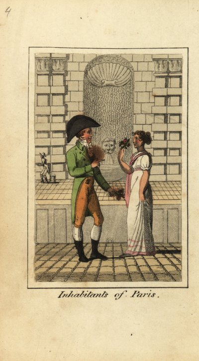 Man and Woman of Paris Standing in Front of a Fountain by English School