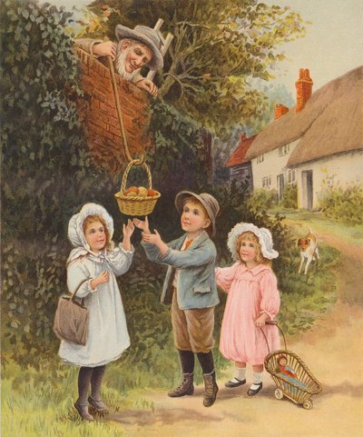 Man Lowering a Basket of Fruit Down to Children by English School