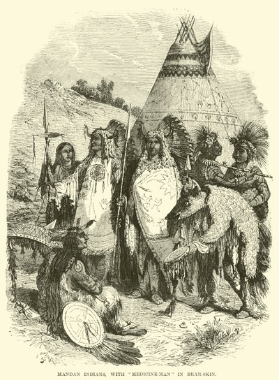 Mandan Indians, with medicine-man in bear-skin by English School