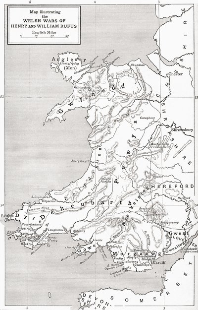 Map illustrating the Welsh wars of William Rufus and Henry I, from 