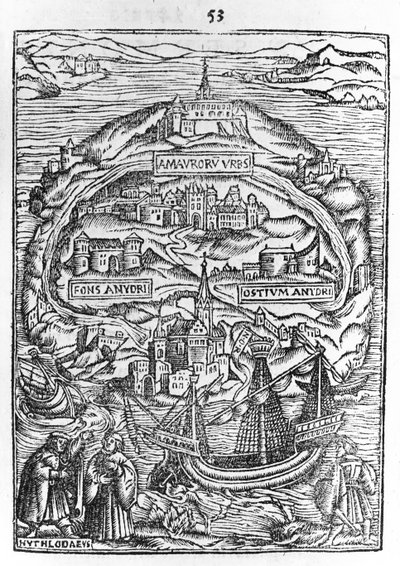 Map of the Island of Utopia, Book frontispiece, 1563 by English School