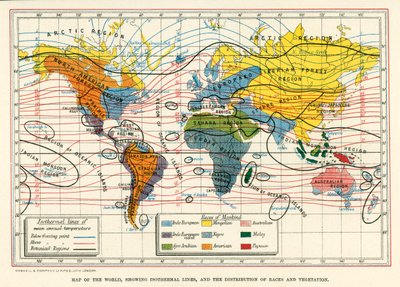Map of the World, showing isothermal lines, and the distribution of races and vegetation by English School