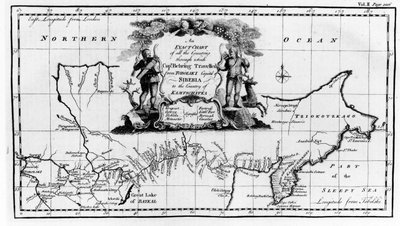 Map of the route taken by Vitus Bering across Siberia to Kamchatka, from Navigantium atque Itinerantium Bibliotheca published 1744 by English School