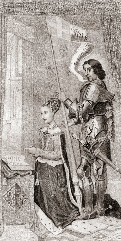 Margaret of Denmark with St. Canute, patron of Denmark, behind her holding a banner showing the cross of the crusades by English School