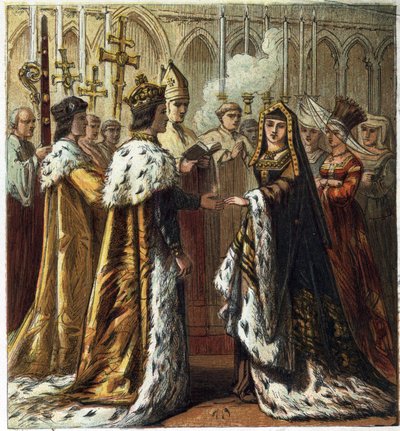 Marriage of Henry VII, King of England (1457-1509) to Elizabeth of York (1466-1503) on 18 January 1486. Marriage of Henry Seventh and Elizabeth of York. chromolithography in Pictures of English History published by George Routledge & Sons.1890. Private Col by English School