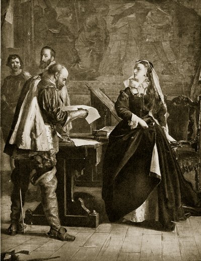 Mary Queen of Scots signs her abdication, July 1567, illustration from Hutchinson