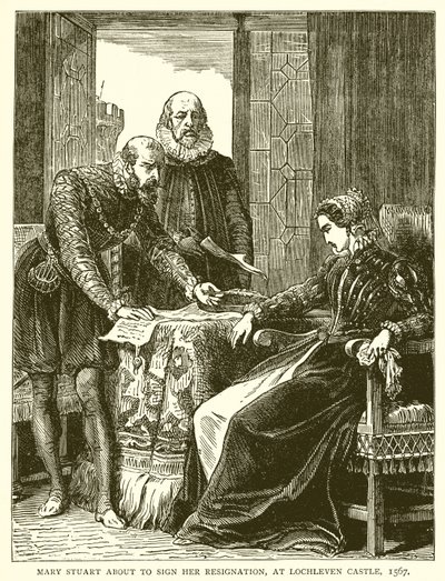 Mary Stuart about to Sign her Resignation, at Lochleven Castle, 1567 by English School