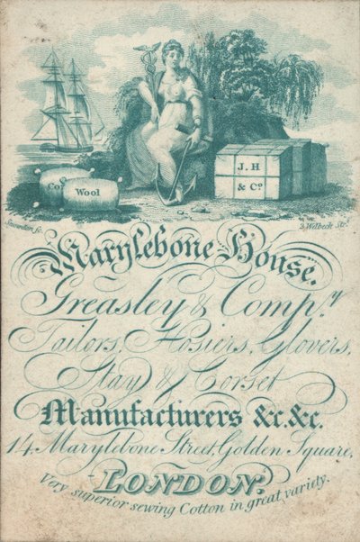 Marylebone House, Greasley & Co, Tailors, Hosiers, Glovers, Stay and Corset Manufacturers, 14 Marylebone Street, Golden Square, Trade Card by English School