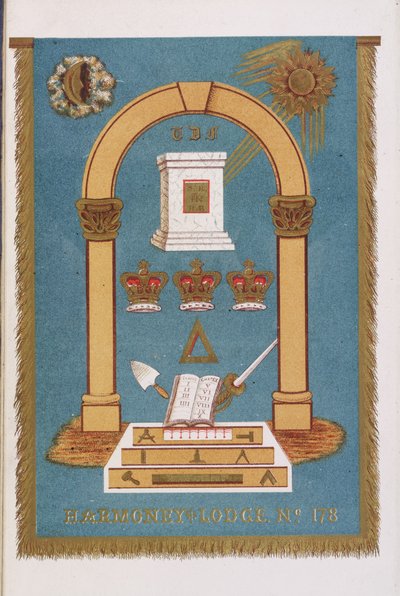 Masonic Lodge emblem showing pillars and various symbols by English School