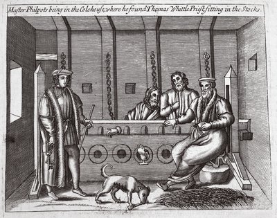 Master Philpots being in the Colehouse, where he found Thomas Whittle, priest, sitting in the stocks, illustration from Acts and Monuments by John Foxe, ninth edition, published 1684 by English School