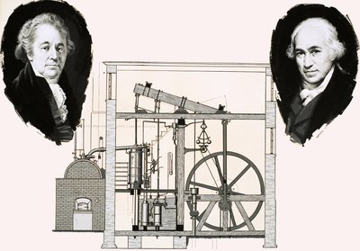 Matthew Boulton and James Watt with One of the Patented Steam Engines by English School