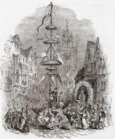Maypole dancing in front of St Andrew Undershaft Church, London, England in the 19th century, from Old England: A Pictorial Museum by English School