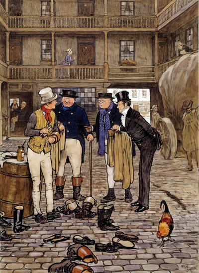 Members of the Pickwick club meet Sam Weller. Illustration of the works of Charles Dickens (1812-1870) by English School