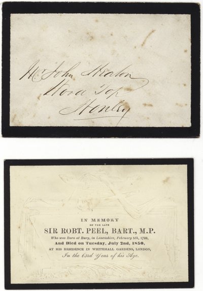 Memorial card in memory of the late Sir Robert Peel by English School
