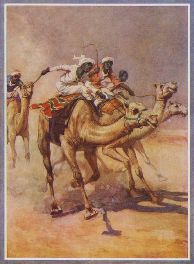 Men Riding Camels in a Race in the Desert by English School