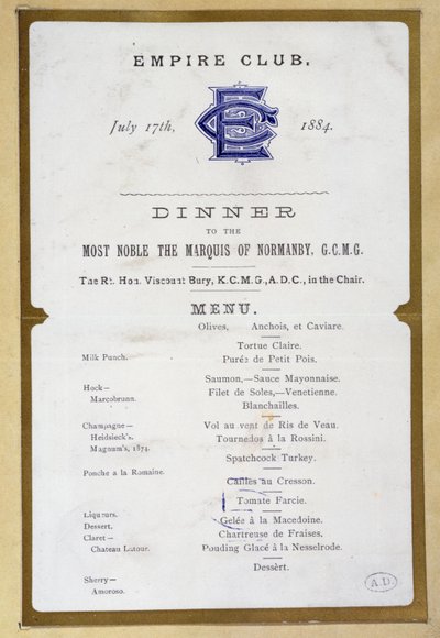 Menu from the Empire Club, 17th March 1884 by English School