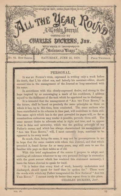 Message from Charles Dickens Junior in the Weekly Journal All The Year Round, After His Father